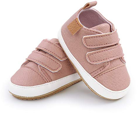 Baby tofflor löpningsskor flickor pojkar babyskor mjuka läderpuskor lärande löparskor baby halkfria första löparskor kardborreband (0–6 månader, rosa)