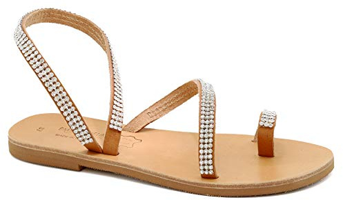 Emmanuela - Sandalias de cuero griegas hechas a mano con diamantes de imitación, zapatos de verano para mujer, sandalias planas con tira de tobillo y puntera abierta, sandalias de tiras, Beige, 38 EU