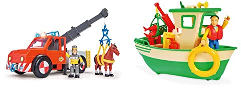 Simba 109258280 - Feuerwehrmann Sam Phoenix / 23cm / Mit Sam Figur und Pferd & 109251074 - Feuerwehrmann Sam Charlies Fischerboot, mit Charlie Figur, Kran und Seilwinde, 19cm, ab 3 Jahren