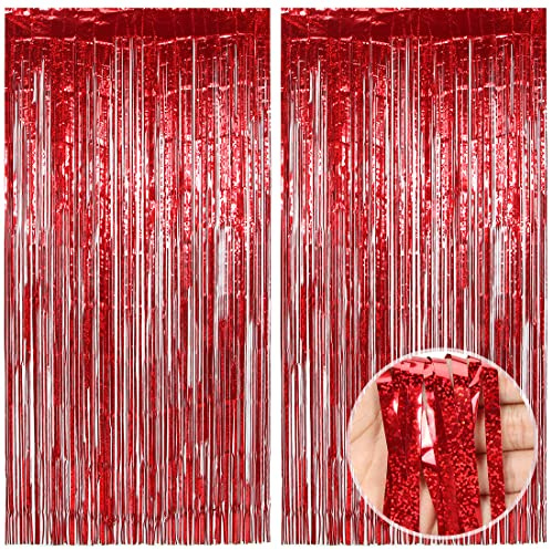 O-Kinee Lametta Vorhänge Rot Glitzer, 2 Stück Metallische Glitzervorhang Fringe 1m x 2m, Glitzer Tinsel Curtain, Folienfransen Vorhang für Weihnachtsbaum Geburtstage Festivals Party ​Bühnendekor