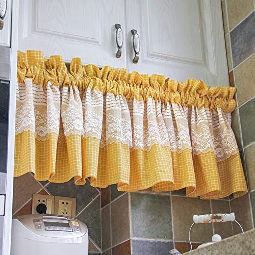 Scheibengardine Durchstangenzug, Halbtransparent Baumwolle Leinen Fenstervorhang Landhausstil Kurzstore Gardine Bedruckt Bistrogardinen für Landhaus Café Restourant, 1 Stück-gelb-220x45cm(87x18in)