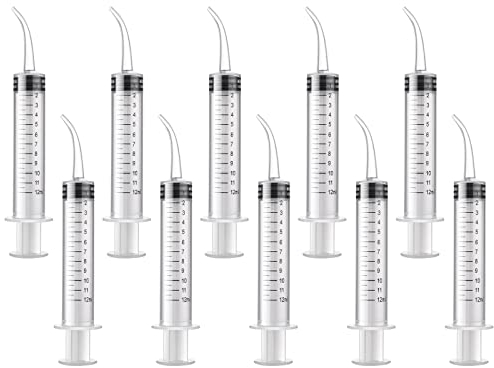Molain Lot de 10 seringues dentaires de 12 ml Solution nettoyage des oreilles vides Adaptateur crochet Tubes retrait avec pointe incurvée Pour soins des dents