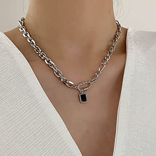 TseenYi Black Square Pendant Necklace - Silver Curb Chain Choker - Punk Chunky Chain Link Jewelry for Women and Girls Gifts