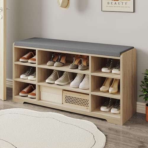 Hzuaneri Banc à Chaussures, Rangement Chaussures, Assise Rembourrée et 9 Compartiments, Meuble de Rangement Chaussures réglable, pour Entrée, l'entrée, la Chambre, Ivoire Clair SB10016GY