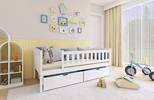 Muebles Slavic Kinderbett Bambi 90 x 200 cm, Kinderbett mit Geländer, Kinderbett mit Schubladen, Weiß, Kiefernholz (ohne Matratze)