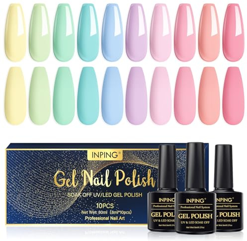 INPING Esmaltes Semipermanentes Para Uñas en Gel UV LED, 10 Colores Macarrón Colors Rosa Púrpura Azul Verde, UV LED Kit Uñas Semipermanentes Pintauñas Semipermanentes Set