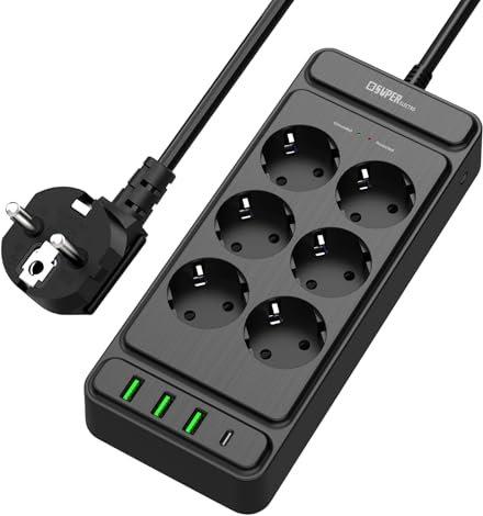 Super Electro 6 Fach Steckdose mit USB,6-Fach Steckdosenleiste(4000W 16A) mit 4 USB(3USB A+1USB C),Steckdosenleiste mit Schalter und Überspannungsschutz,2M Kabel