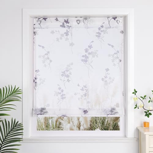 Yujiao Mao Ösenrollo mit Blumendruck modern landhausstil halbtransparenter Raffrollo mit hakenaufhängung für Fenster 1 Stück, violett BxH 80x140cm