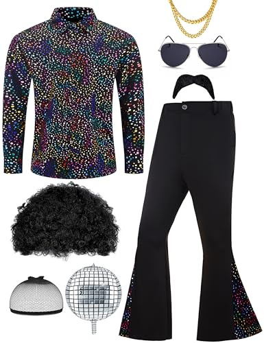 Ragelion Uomo 70s Disco Outfit Adulto Halloween Costume Include Retro Camicia Bell Bottom Pantaloni Parrucca Occhiali da sole Collana Baffi Parrucca Cap per la festa (Colorato, L)
