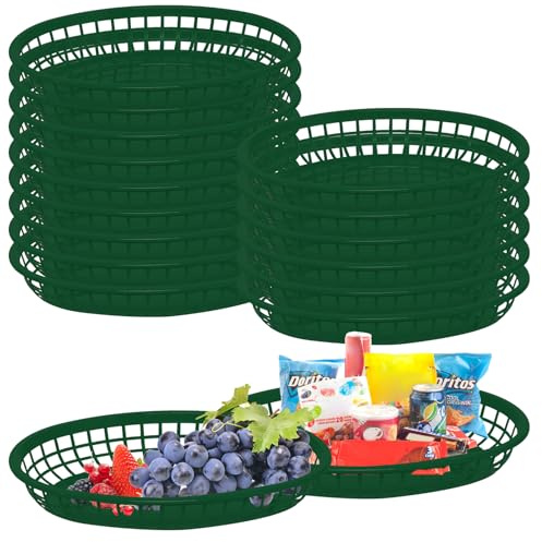 Pasdrucn 15 Pièces Paniers Ovales en Plastique pour Restauration Rapide, Barquette Frite, Porte Burger, Paniers De Service en Plastique pour Frites, Sandwichs, Hamburgers (Vert)