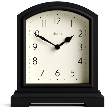 JONES CLOCKS® Tavern Pendule de cheminée | Design Moderne du Sommet de l’Arche | Noire | Style Classique Contemporain pour Bureau, Table, étagère ou Chevet