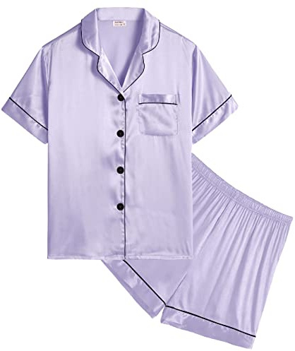 SWOMOG Girls Silk Pyjamas Short Sleeve Sleepwear Kids 2Pcs Satin Button-Down PJ Sets Nightwear