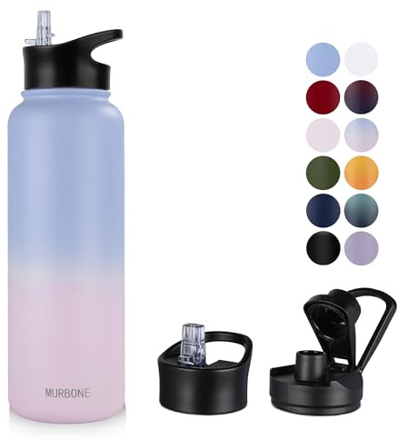 MURBONE Edelstahl Trinkflasche 1.2L (+2 Deckel)-mit Strohhalm,BPA frei,Thermosflasche Auslaufsicher,Kohlensäure Geeignet,Thermoskanne Vakuum Doppelwandisolierung für Sport, Reisen, Camping