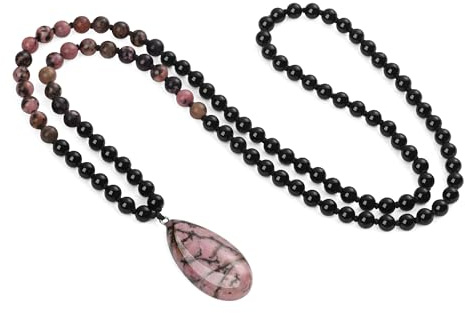 COAI Pärlhalsband för kvinnor, 108 korn mala-halsband handgjorda knutna naturstenar och dropphänge, Sten, Onyx Rodonit