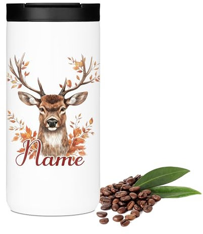 GRAZDesign Thermobecher Hirsch Herbstmotiv personalisiert, Reisebecher mit Namen, Isolierbecher 400ml für Kaffee und Tee, Edelstahl, Geschenk für Tierliebhaber