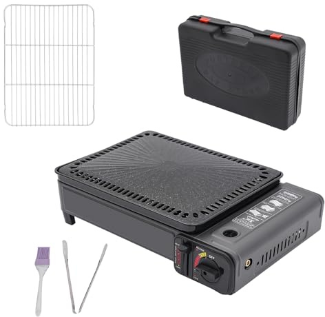 Butangas Camping Gasgrill, Gasgrill Klein mit Grillnetz, Backblech, Pinsel, Lebensmittelklammer und Tragekoffer, Camping Grillset, Campingkocher Gas, tragbarer Campinggrill, Tischgrill