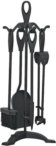 5 Pieces Companion 24 Set Fireside Fire Tools Fireplace & Accessories Black and Brass Stand Tongs Shovel Brush Chimney Poker (Black)