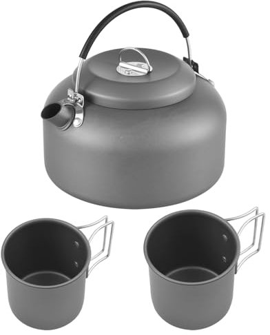 Hanzete - Set di bollitore da campeggio e tazze in metallo da 450 ml e 250 ml, bollitore per acqua bollente all'aperto, bollitore da zaino in spalla da 1,4 l, in alluminio anodizzato con manico in