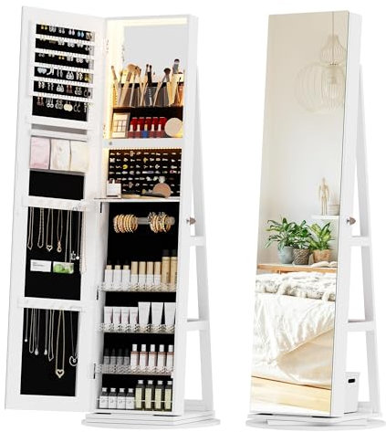 Lvifur LED Schmuckschrank mit spiegel,360° Drehung Schmuckschränke mit Große Speicherkapazität,Schmuck spiegelschrank mit Dreifarbiges LED-Licht,Schmuckspiegel für Wohnzimmer und Schlafzimmer