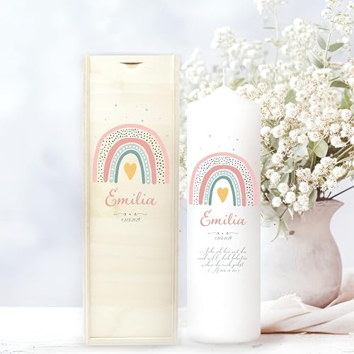 Wandtattoo Loft Candela per battesimo da ragazza, motivo arcobaleno rosa, 25 cm x 7 cm, candela personalizzata, per battesimo, candela di nascita, regalo per battesimo