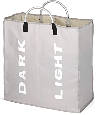 Cesto Ropa Sucia con 2 Compartimentos, Cesta Ropa Sucia Plegable con Asas de Aluminio, Clasificador de Ropas Sucia para Dormitorio, Baño, Lavadero, 54x50x23cm