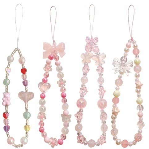 LunarCharm 4 Stück Rosa Handyanhänger, süßes Perlen-Handy-Lanyard, Handschlaufe, ästhetischer Handy-Schlüsselanhänger, süße Handyanhänger für Frauen, Taschenanhänger