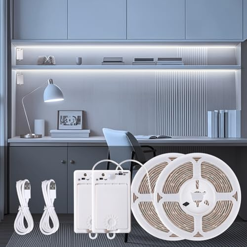 LED Streifen mit Bewegungsmelder 2 Stück, 90 LED Strip 3M mit Wiederaufladbar Batterie, Kaltweiß Wiederaufladbar Lichtband mit Bewegungssensor, LED Strips, LED Band für Treppen Küche Kleiderschrank