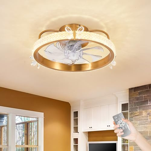 Depuley Caged Ceiling Fan for Bedroom: 19 Bladeless Fandelier with Light and Remote - Modern Crystal Chandelier with Fan for Living Dining Room - Gold Fan Light Fixture for Kitchen
