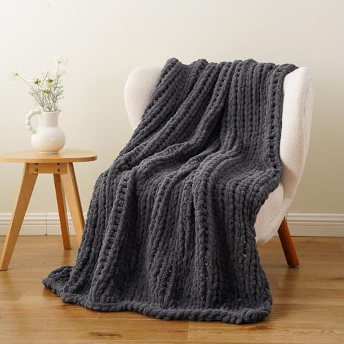 Battilo Chunky Knit Wurfdecke Zopfmuster Chenille Grau