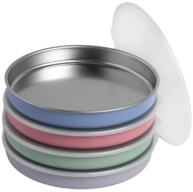 Elk and Friends Kids/Toddler 7.8 Stainless Steel Plates + Lids | 4pk | Suitable for Babies | Silicone Sleeves | Non Divided | Lids Included | Non Slip Dinnerware | Dishwasher Safe