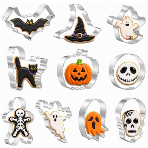 10-teiliges Halloween-Ausstechformen-Set zum Backen – Geist, Fledermaus, Lebkuchenmann, Katze, Kürbis, Totenkopf, runde und Hexenhut-Form, Edelstahl, Feiertagskeks-/Gebäckausstecher