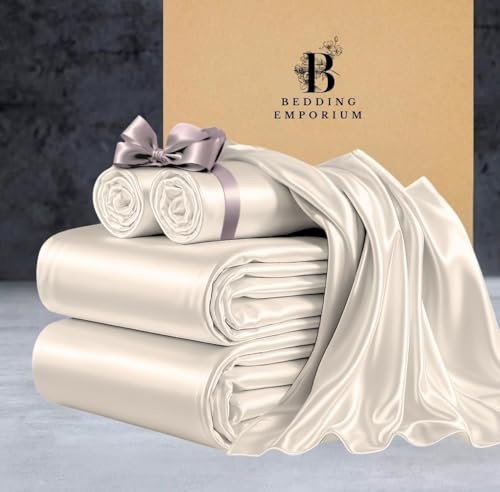 Mulberry Silk Satin 4-Piece Duvet Cover Set – Luxury Hotel Bedding – Includes Zippered Duvet Cover, Fitted Sheet & 2 Pillowcases – Soft, Wrinkle-Resistant, Affordable Elegance(Ivory,Full)