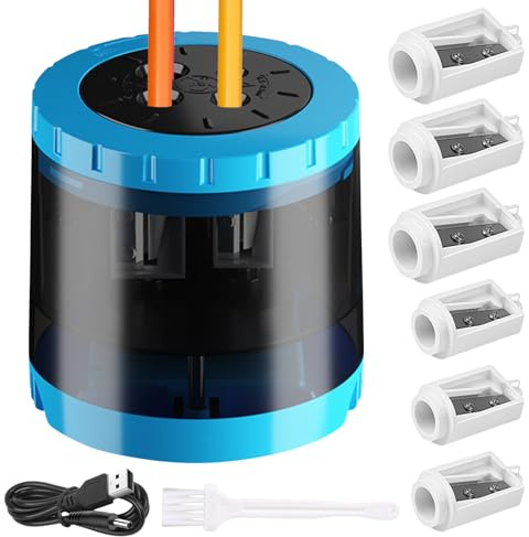 Elektrischer Anspitzer,Bleistiftspitzer mit Behälter,4 Größen,Spitzmaschine Batterie und USB Betrieben Spitzer,kabellos,rutschfest,Bleistiftspitzer Dicke und Dünne Stifte mit 4 Ersatzmesser (Blau)