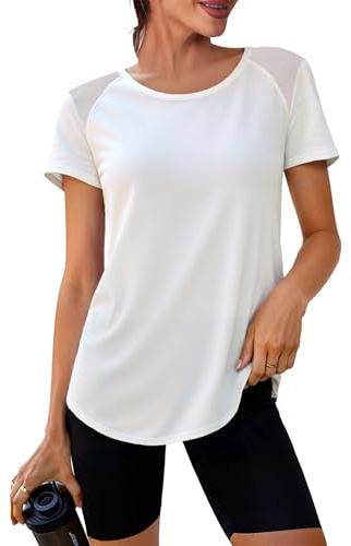 Crewhpo Maglietta Sportiva Donna Traspirante Maglia Tecnica Girocollo Maglia Trekking Indietro in Rete Magliette Tecniche Asciugatura Rapida Maglie Palestra per Yoga Tennis Golf Running Bianco L