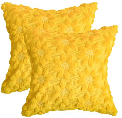 Artoid Mode gul mjuk plysch fuskpäls solrosor vår kuddfodral set om 2, 45 x 45 cm sommar dekorativt kuddöverdrag soffa vardagsrum dekor