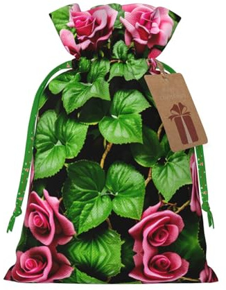Hiedra de rosa floral con hojas de primavera con cordón para regalos, bolsas de regalo de tela reutilizables, para regalos de vacaciones y fiestas