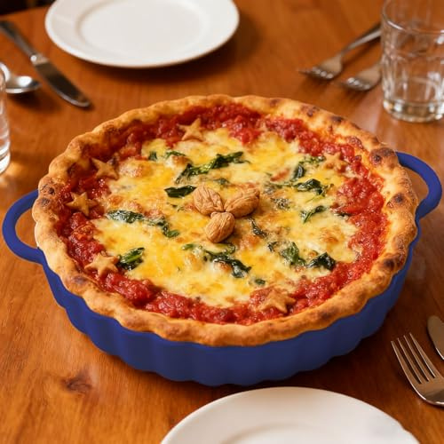 Chingcoo Moule à tarte rond en céramique, avec double poignées, 26 cm, pour tarte, tarte, gâteau, revêtement antiadhésif, passe au four, au micro-ondes, passe au lave-vaisselle (blanc/bleu)
