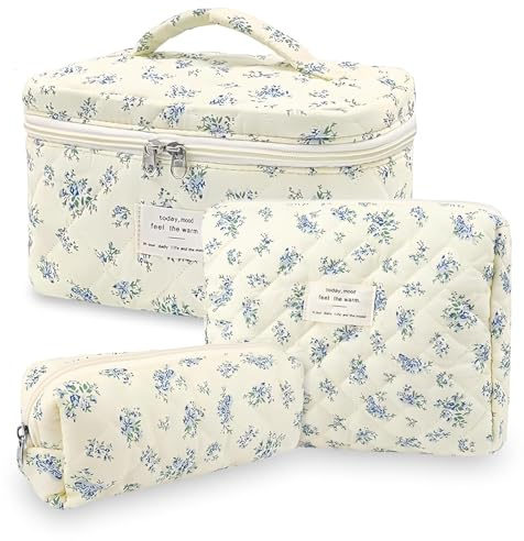 Beauty Case, 3 Pezzi Floreale Grande Capacità per Il Trucco, Beauty Case da Viaggio Cotone Morbido, Beauty Trapuntato Grandei da Toilette Makeup Bag Organizer (Zucca Blu)