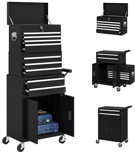 HOMCOM Werkstattwagen inkl. Koffer mit 9 Fächern, Werkzeugwagen leer abschließbar mit Griff, Ablage Werkzeugschrank aus Stahl mit Rollen, Griff Schwarz