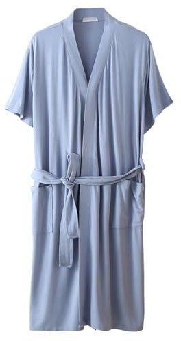 UUNBS Bata kimono de modal para mujer Bata de baño ligera de manga corta para dormir Ropa de estar por casa suave para el verano,Azul,L