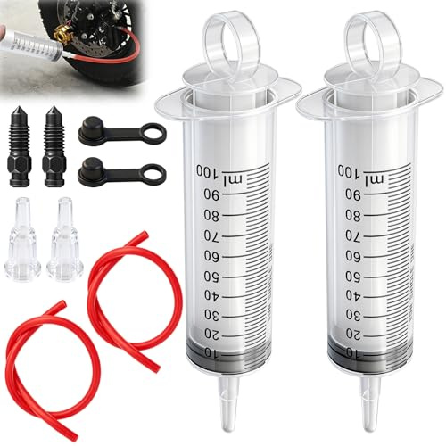 100ml Spritze Bremsenentlüfter mit Schlauch 50cm für Motorrad Fahrrad Auto | 2-Teiliges Set | mit Roller Fahrrad | ABS-Spritze ölbeständig | mit Anschlus Schrauben Adaptern | mit Brems DOT3 DOT4 DOT5.1