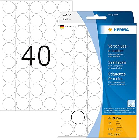 HERMA 2257 förslutningsetiketter transparent rund (Ø 19 mm, 16 ark, folie, matt) självhäftande, extremt stark häftande stängningsetiketter för handskriven märkning, 640 klistermärken, transparent