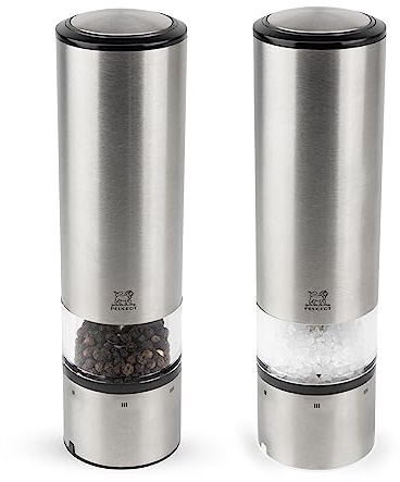 PEUGEOT - Duo Moulin à Poivre + Moulin à Sel Électriques Elis Sense u'Select 20 cm + Fiole de Poivre & Sel Gemme Inclus + Plateau - 6 Réglages De Moutures Prédéfinies - En Inox - Fabrication Française