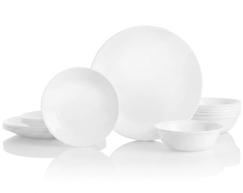 Corelle Vitrelle 18-Piece Service for 6 Dinnerware Set Triple Layer Glass and Chip Resistant, Lightweight Round Plates and Bowls Set, Winter Frost White