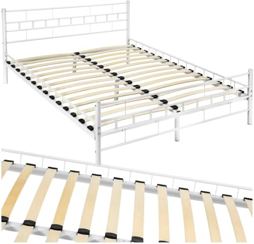 tectake® Struttura Letto in Metallo con Rete a Doghe in Legno di Pioppo Inclusa, Design Moderno, Struttura Robusta, Ideale per Arredamento Camera da Letto, 200x140 cm - Bianco