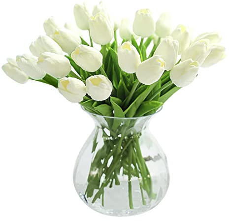 JUSTOYOU 10pcs Real Touch Latex Artificial Tulips Flowers Fake Tulips Flowers Wedding Bouquets for Wedding Home Garden Decoration (White)
