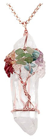 Jovivi 7 Chakra Gemstone Necklace Wire Wrapped Natural Clear Quartz & 7 Tumbled Stones Healing Crystal Point Pendant Necklace Mother's Day Gift