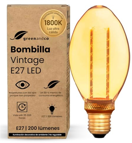 greenandco Bombilla LED Decorativa Edison Estilo Vintage | E27 B75 | Dorado | 4W 200lm | 1800K Blanco Extra Cálido | 320° | 230V | Sin Parpadeos | No Regulable
