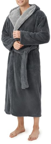 DAVID ARCHY Men's Soft Plush Fleece Robe Full Length Hooded Long Bathrobe for Men with Hood (XL, Dark Gray- Shu Velveteen)