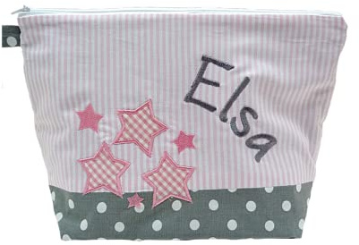 bestickte Tasche STERNE + Name //grau - rosa//Wickeltasche Kulturbeutel Windeltasche Kulturtasche Waschtasche 20 Schriften Kosmetiktasche